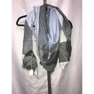 Oversized Plaid Scarf Blanket Shawl Wrap Light Blue Grey White Fringe